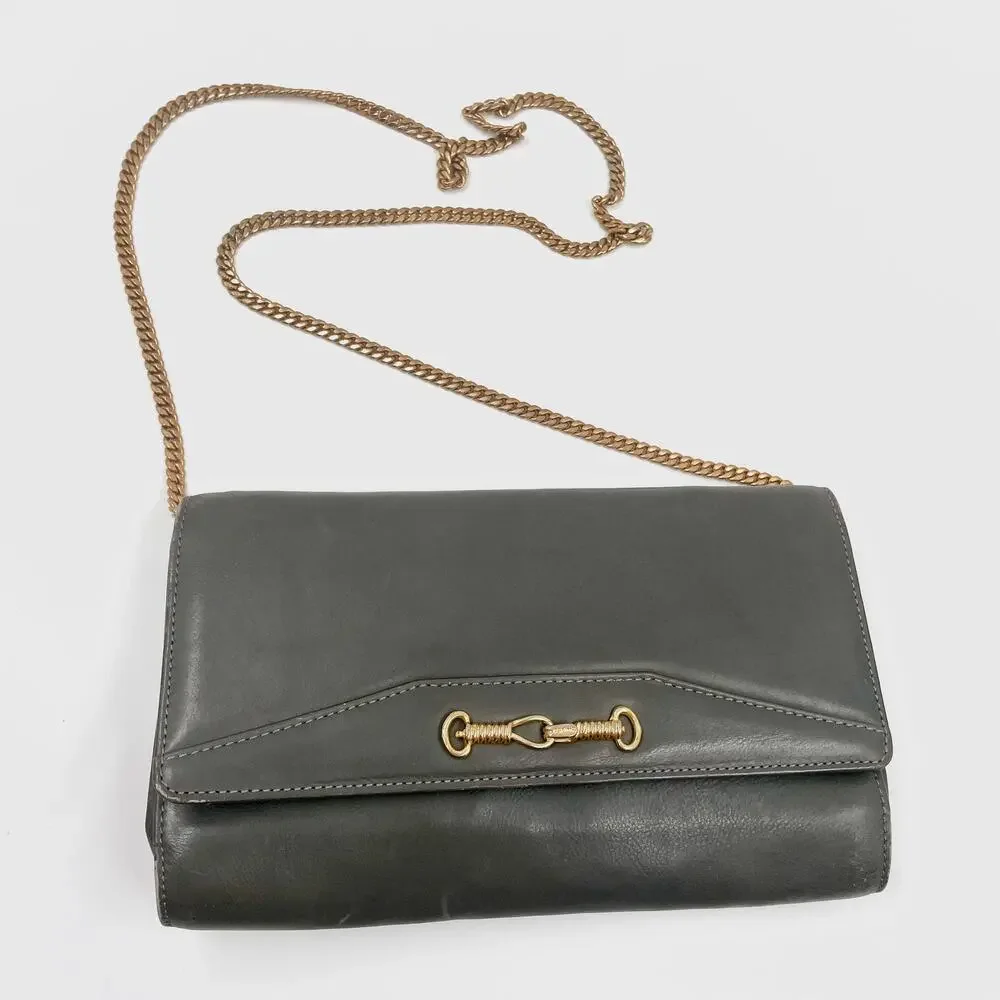 Celine Vintage Gray Leather Crossbody Bag Purse WOC Wallet on Chain Mini Clutch